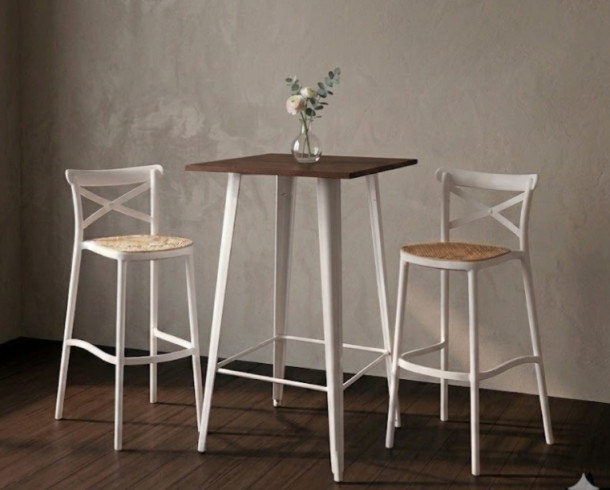 Mesa Tolix Blanca, Sup. Madera + Sillas Altas Blancas Plastico